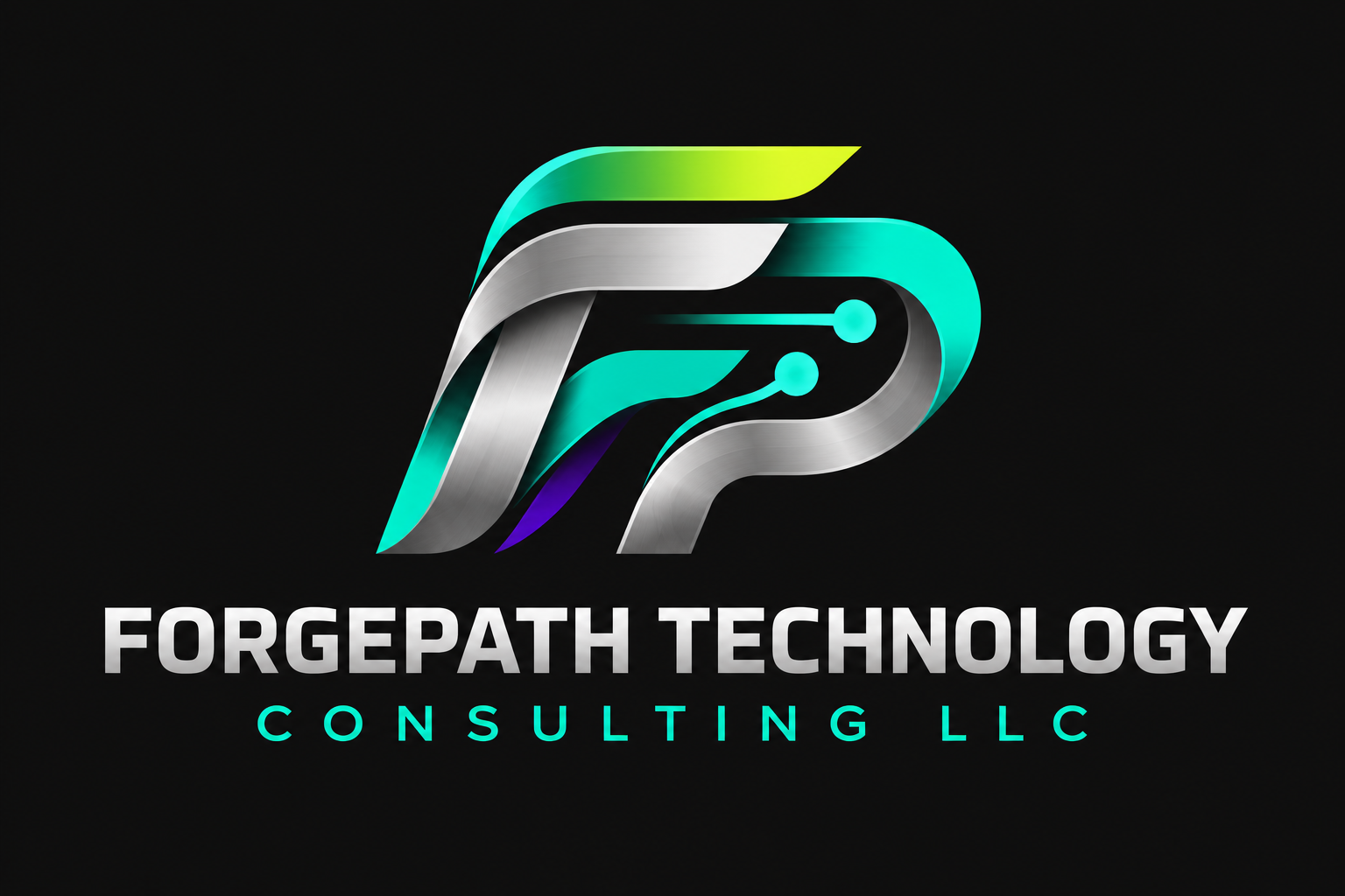 ForgePath Technology Consulting LLC silver FP monogram with teal, lime and purple accents
